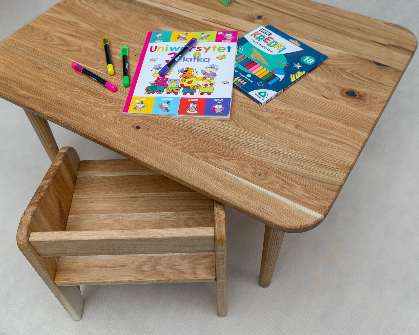 OAK Desk and Chair set for the smallest children with 1 or 2 chairs