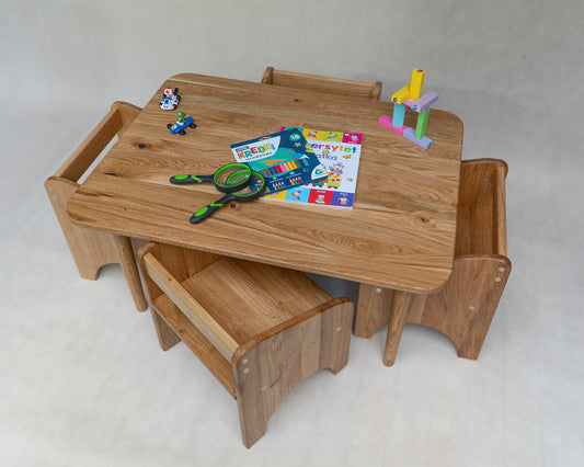 OAK Desk and Chair set for the smallest children with 3 or 4 chairs